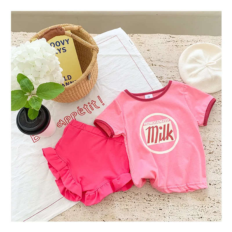 Хлопковая летняя одежда для маленьких девочек футболка + шорты с оборками