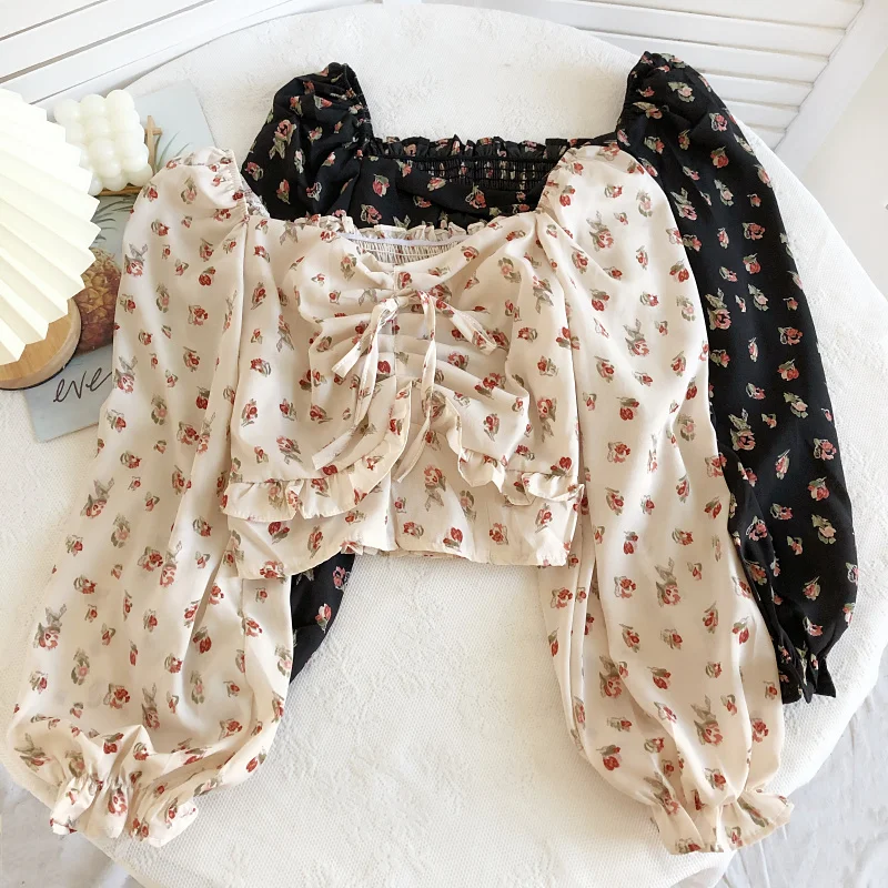 

2022 Spring Women Blending Blouse Pullover Folds Square Collar Flower Long Lantern Sleeved Chiffon Shirt Ladies Slim Crop Tops