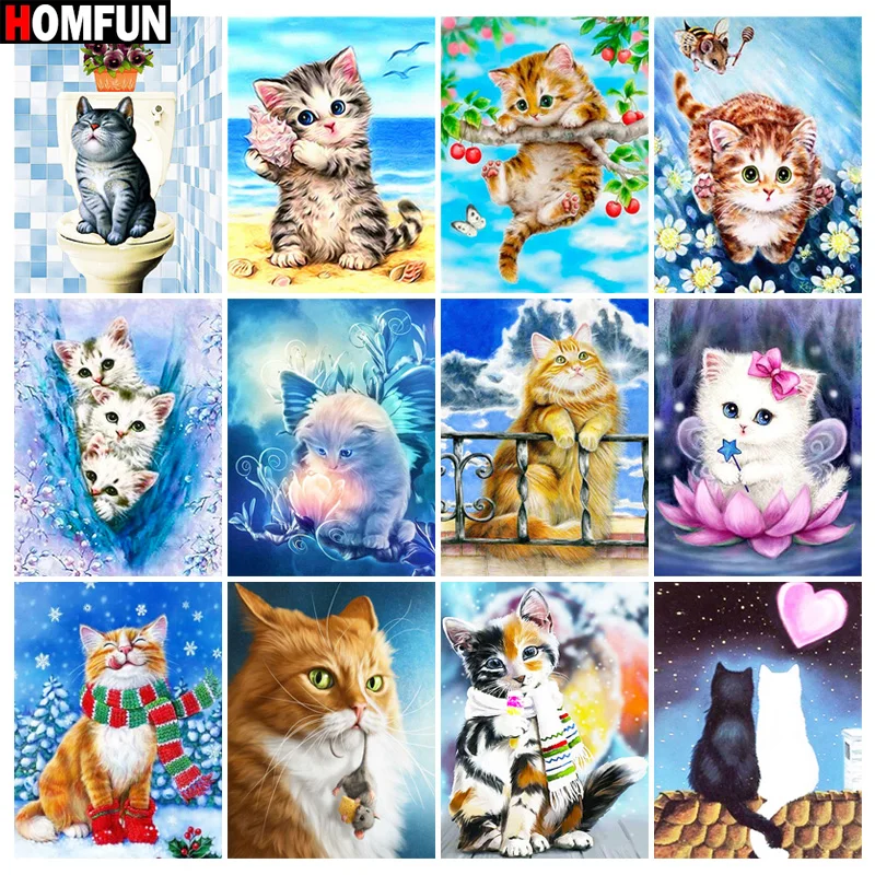 

Алмазная живопись HOMFUN «Кот», полное квадратное/Круглое украшение для стен, инкрустированная каучуком, вышивка, ручная работа, вышивка крестиком