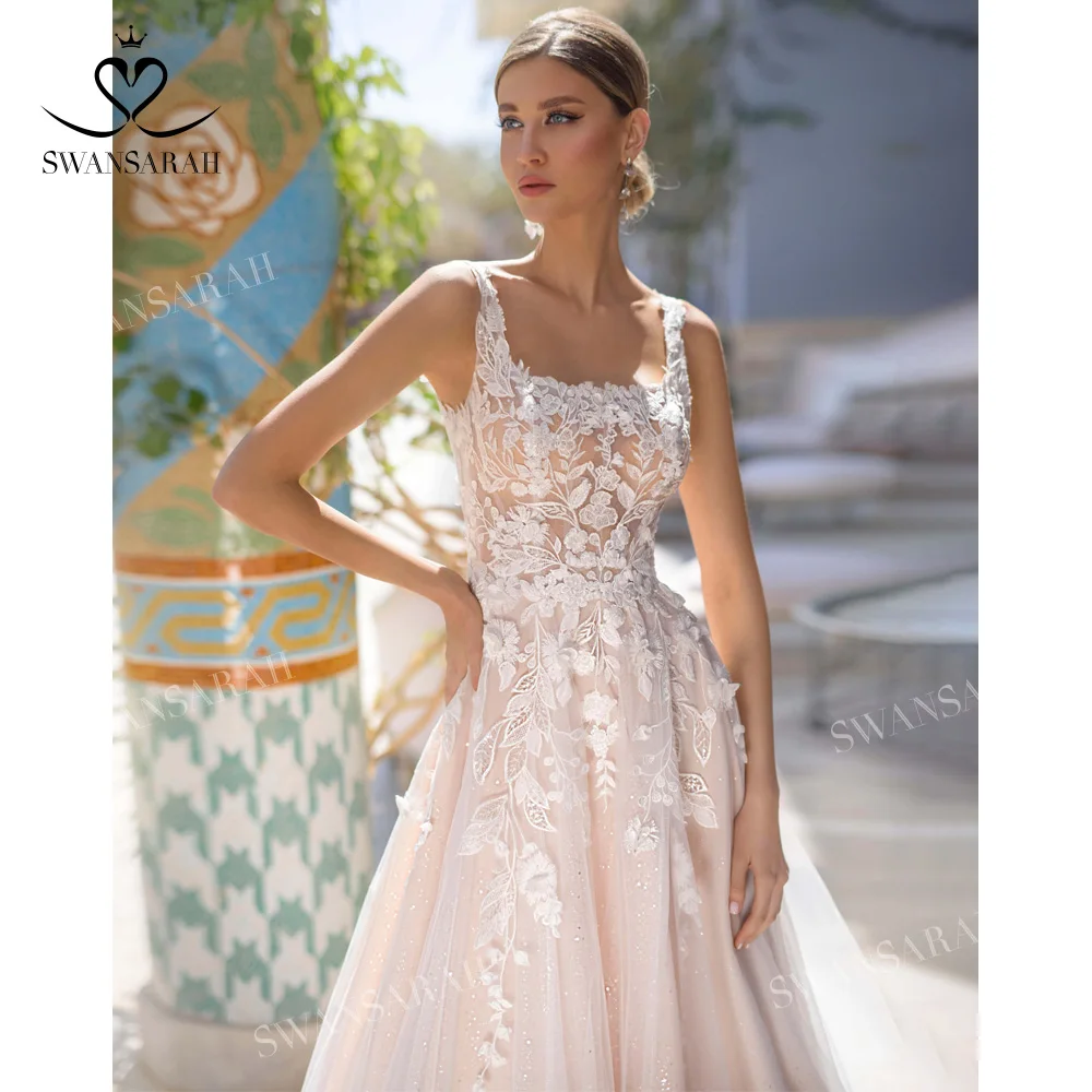 

Sleeveless Shiny Wedding Dress 2023 Appliques Chic A-Line Court Train Princess Vestido De Novia SwanSarah N516 Button Bride Gown