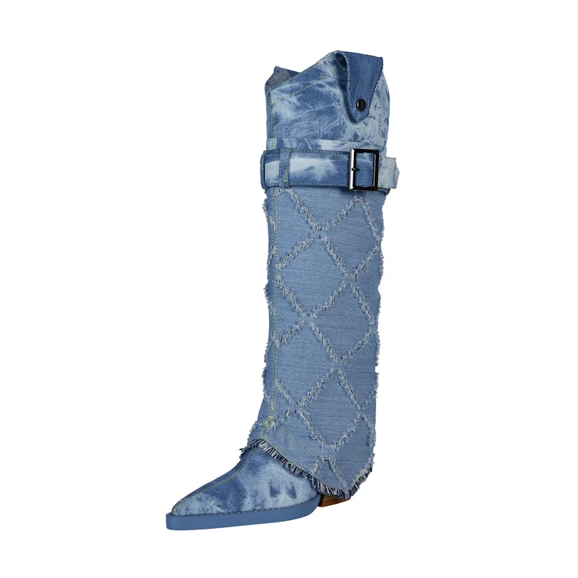 

Boutique Women Boots 2023 Winter New Luxury Pointed Toes Denim Sexy High Heel Party Knee High Boots Size 46 Dropshopping