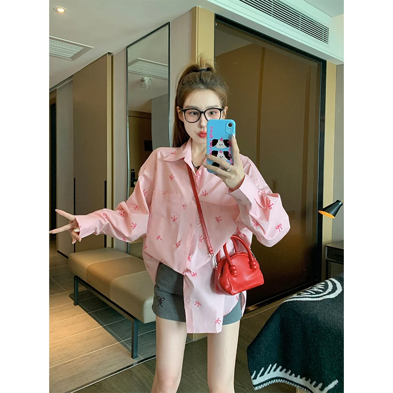 Розовые женские рубашки с бантом новинка 2024 ранняя осень дизайн корейская серия