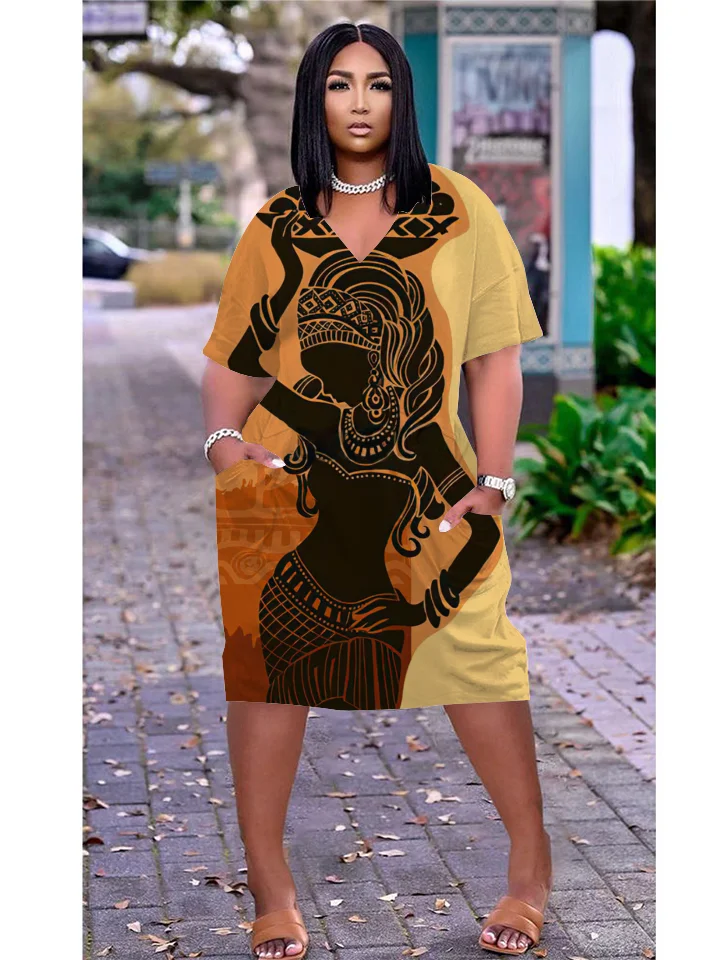 

African women Bohemia 3D simple women's printed evening dress party dress Street V-neck Knee Skirt retro fashion in summer 2022