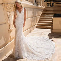 gorgerous lace mermaid wedding dress v neck 2022 fashion sleeveless bride dress for bride backless long train vestido de novia
