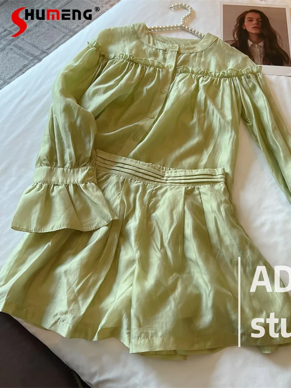 

Women's 2022 Summer Fashion Simple Sweet Bell Sleeve Shirt Top Ladies Elegant Slimming High Waist Wide Legs Shorts Two-piece Set