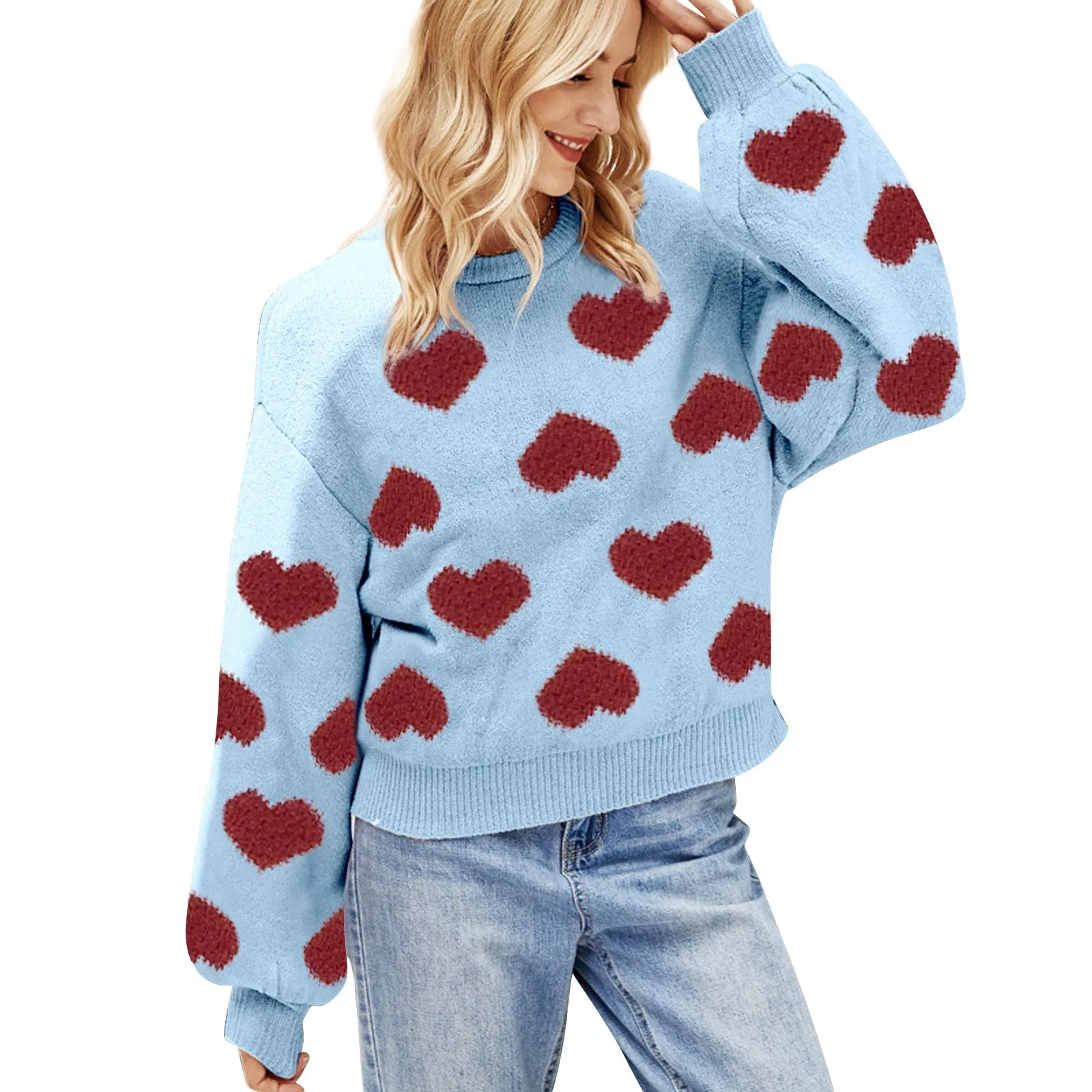 

Women'S Knitwear Valentine'S Day Cute Love Print Knit Sweater Soft Smooth Tunic Pullover Tops Female Jumper Blue Long Sleeve