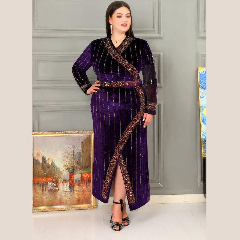 Plus Size Large Women's Dress New Elegant Slit Dress Stripe Pattern Robe Solid Lace Up Long Sleeve Evening Party Dresses