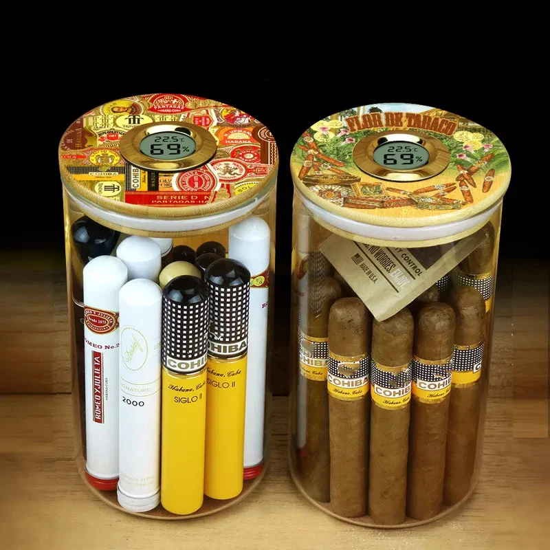 

Cohiba Glass Cigar Humidor Jar W/ Hygrometer&Humidifier Travel Cigarette Box Tube Fit 12-15pcs Cigar Smoking Accessories