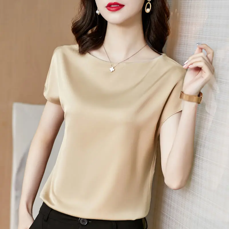 Vintage Raglan Short Sleeve Basic Satin Pullover Shirt Women's Clothing Summer Elegant Office Lady Commuter O-Neck Blouse Female