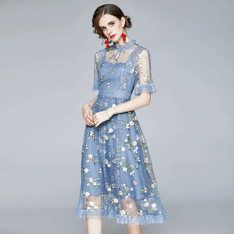 

Summer Vintage Women Embroidery Short Sleeve Blue Flower Mesh Dress , Woman Clothes Slim High Waisted Lace Patchwork Dresses