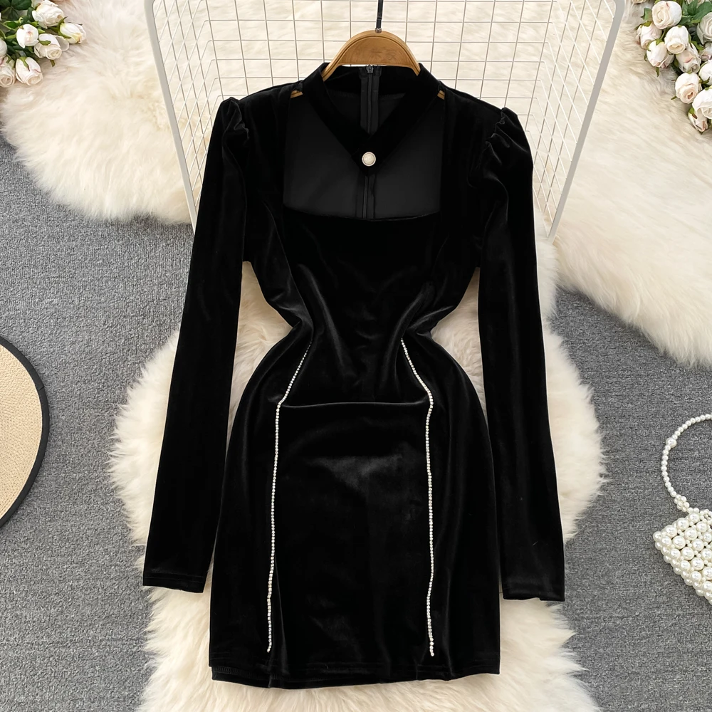 

Платье-трапеция с вырезом лодочкой, элегантное тонкое бархатное платье с длинными рукавами, с пышной юбкой, с квадратным вырезом, во француз...