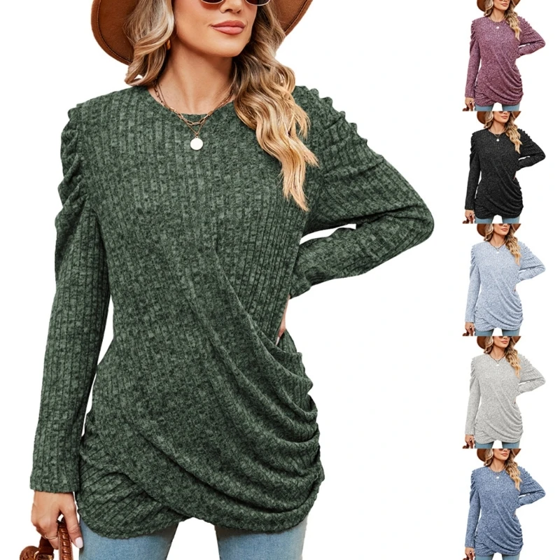 

Women's Casual Round Neck Long Sleeve Tshirts Loose Twist Knotted Blouses Tunics Tops Relaxed Fit T-Shirt for Leggings