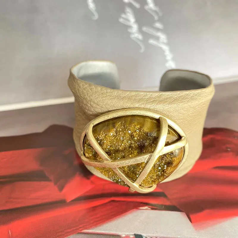 

Victorian Edwardian Era Jewlery Replica Leather Fabric Natural Gem Stone Hand Cuff Wristband Bangle Bracelet For Women Repro