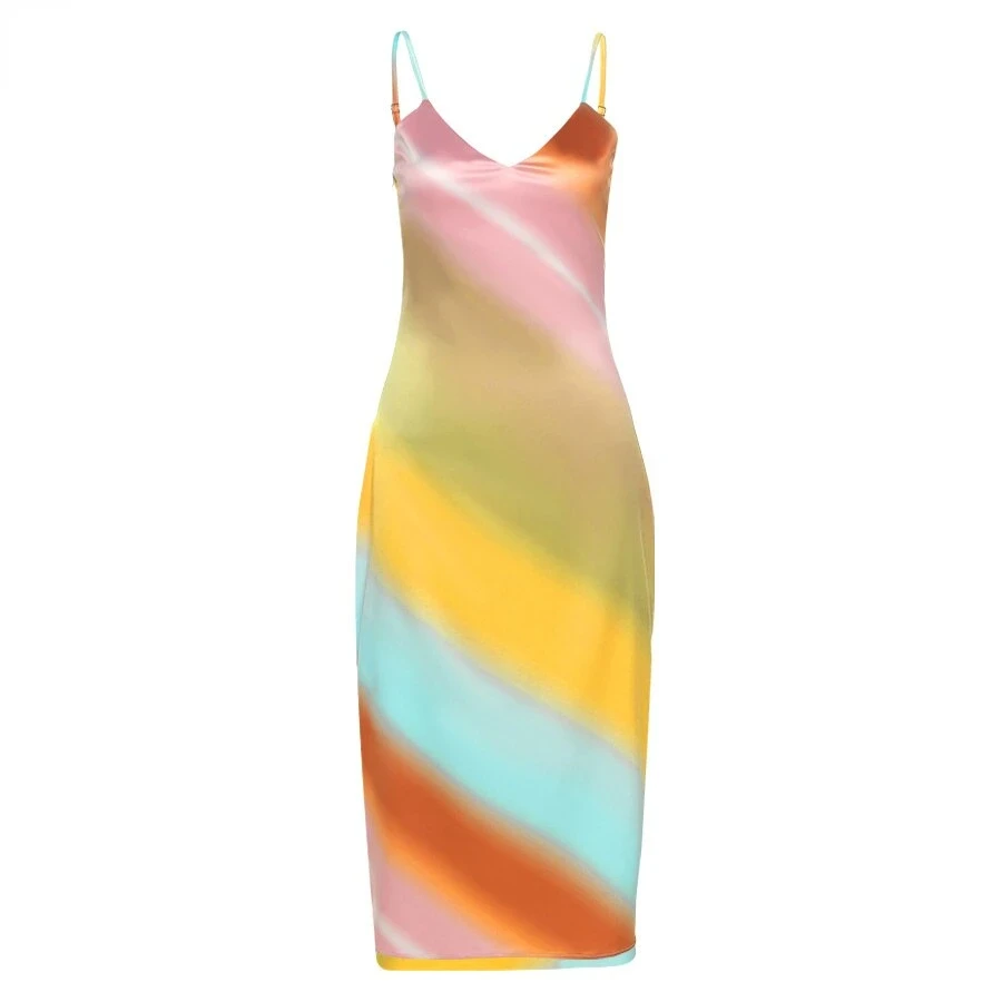 

2022 Yiallen New Multicolor Print Midi Dress Women V-Neck Spaghetti Sleeveless Slim Stretch Bodycon Streetwear Party Vacation