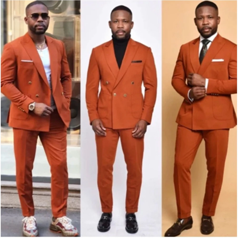 Orange Double Breasted Men Suits 2 Pieces Groom Party Wedding Peaked Lapel Terno Masculino Tuxedos Costume Homme Blazer Sets
