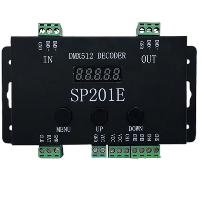 

DC5V-24V DMX512 Decoder Controller SP201E SPI Signal Addressable IC RGB Led Pixel 5 Channel PWM Output Ws2811 2812 1903 Strips