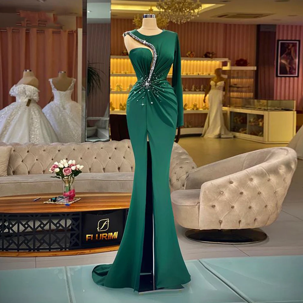 

GUXQD Sexy Mermaid Green Evening Dresses Long Dubai Side Slit Long Sleeves Beading Sequined Formal Prom Party Gowns Abendkleider