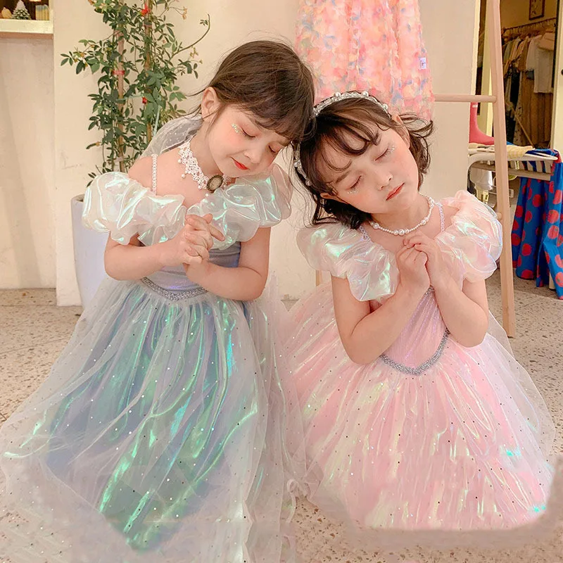 

Sweet Girls Party Princess Dress Summer Fashion Bling Color Short Sleeve Mid-calf Length Gowns Custom Baby Name Birthday Gift
