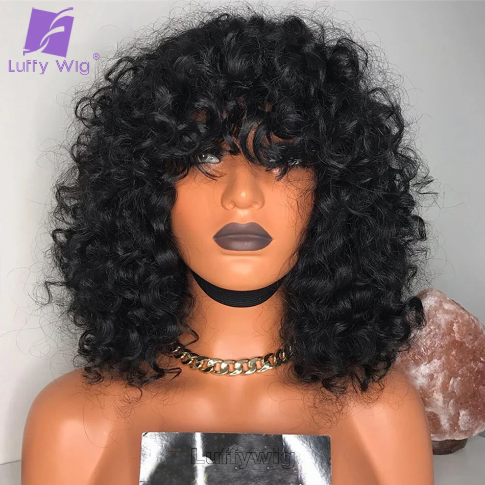 

Short Water Wave Curly Human Hair Wigs with Bangs Bob O Scalp Top Full Machine Made Wig Brazilian Remy 180 Density for Women