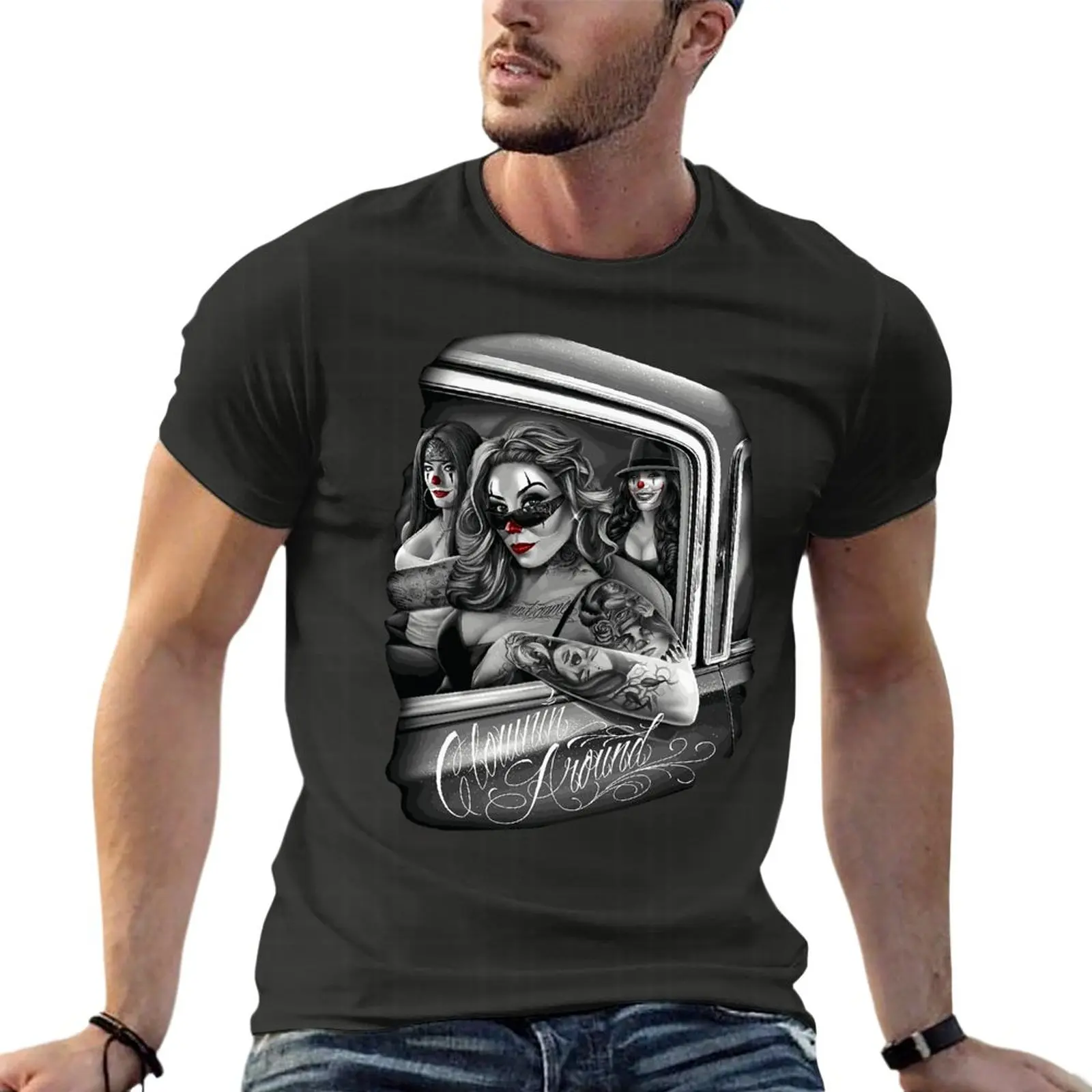 

Clowning Around Chola Lowrider Chicano Dga Art Oversize T-Shirt Fashion Mens Clothing Short Sleeve Streetwear Large Size Tops Te