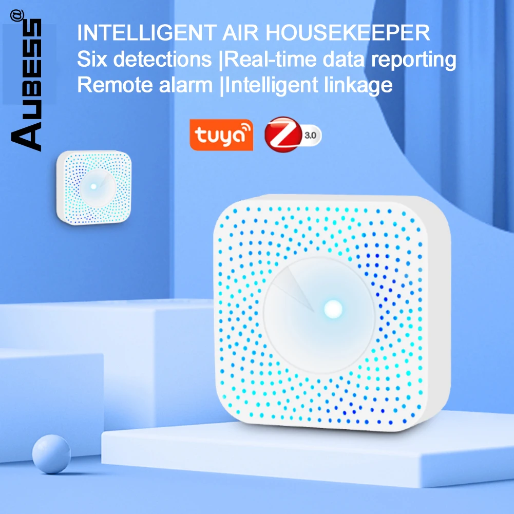 

Aubess Tuya Zigbee Smart Air Box Sensor For PM2.5/Formaldehyde/VOC/CO2 Temperature Humidity 6 In 1 Work With Alax/Google Home