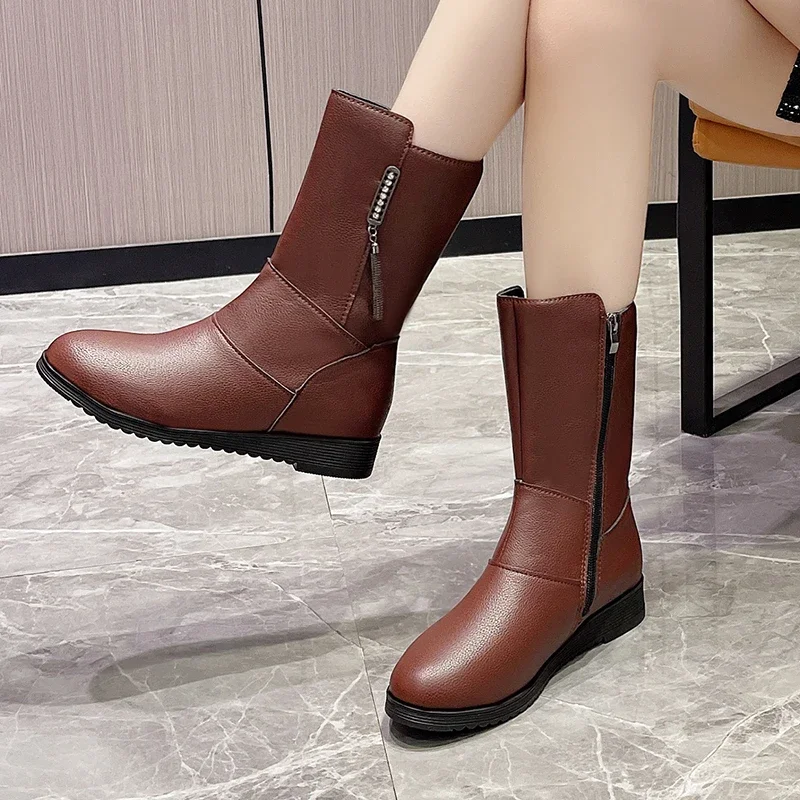

Женские ботинки на молнии, теплые однотонные плюшевые ботинки до середины икры, с круглым носком, на низком каблуке, в западном стиле, для зимы, 2023