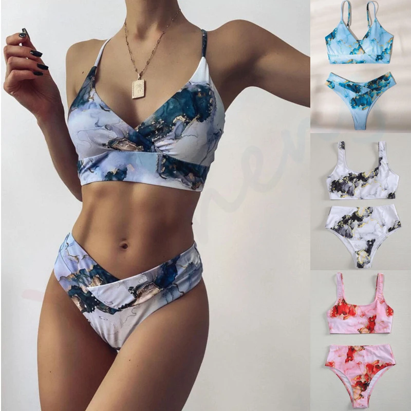 

2023 New Sexy U-Neck High Waist Bikini Tie-Dye Print Womens Split Swimsuit Ladies Push-up with Padded Beachwear Swimwear Biquini