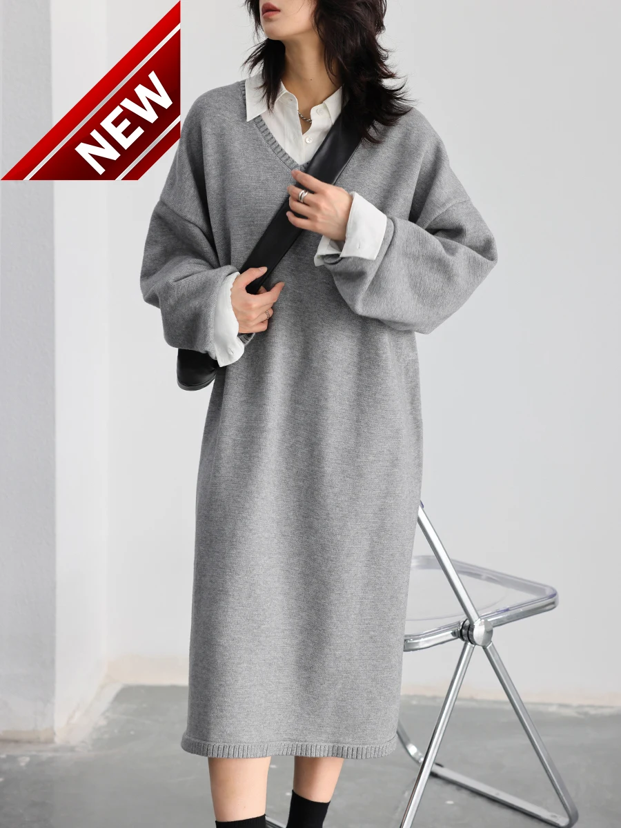 Korean Women's Casual Sweaters V-neck Slit Pullover Knitted Dress Woman Coat Long Female Jumpers Autumn Winter 2023
