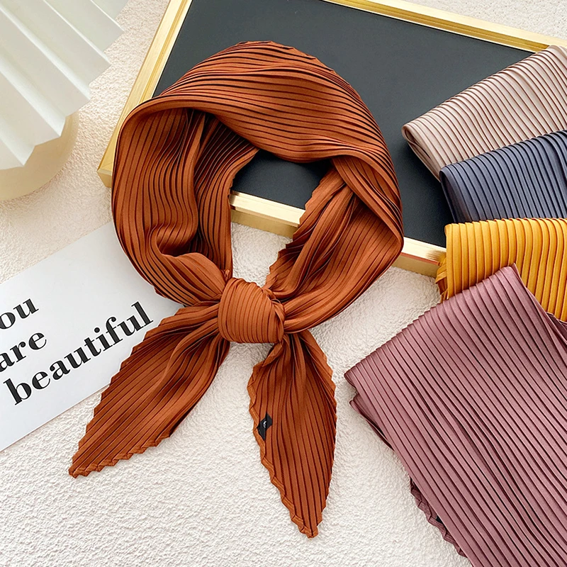 Плиссированный однотонный атласный шарф Женская Косынка лента квадратная