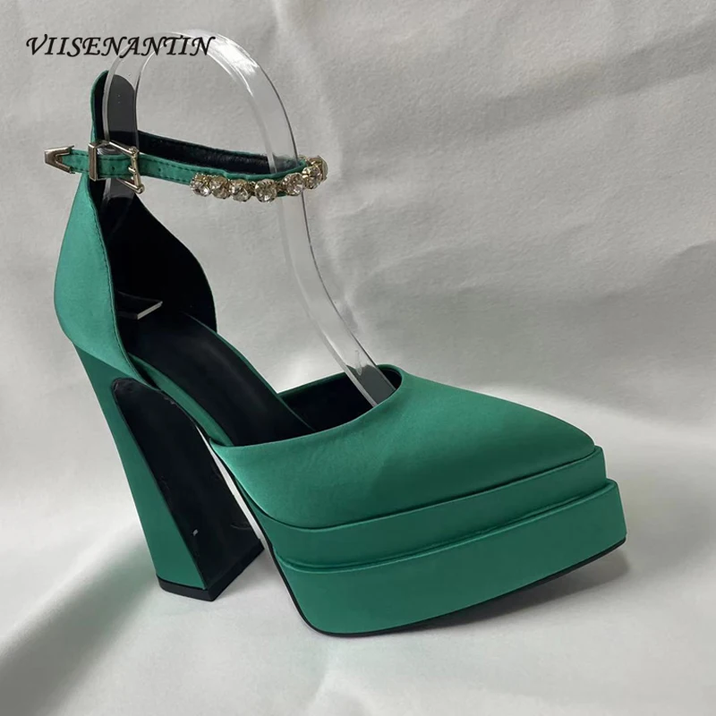 

Platform Thick Heel Super High Pointed Pumps Shoes Satin Catwalk Women's Sandals Red Green 2022 New Design Party Shoe Wedding