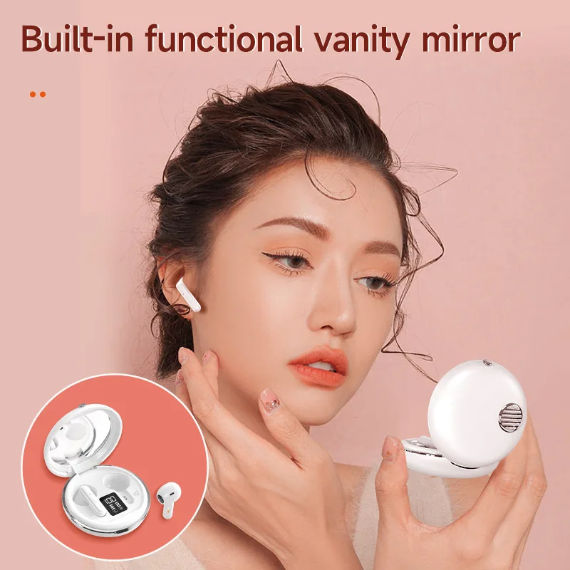 

Женская Беспроводная Bluetooth-гарнитура Tws 5,3, уникальная портативная мини-гарнитура с зеркалом для макияжа, Bluetooth-гарнитура, бинауральные стер...