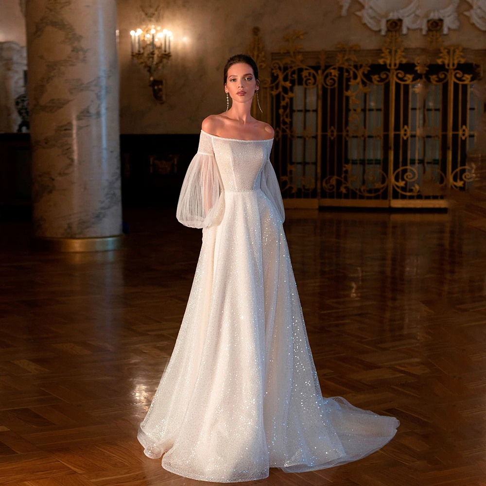 

Glitter A-Line Off Shoulder Wedding Gown Long Sleeves Bridal Dresses Sequined Sweep Train Illusion Tulle Vestidos De Novia 2023
