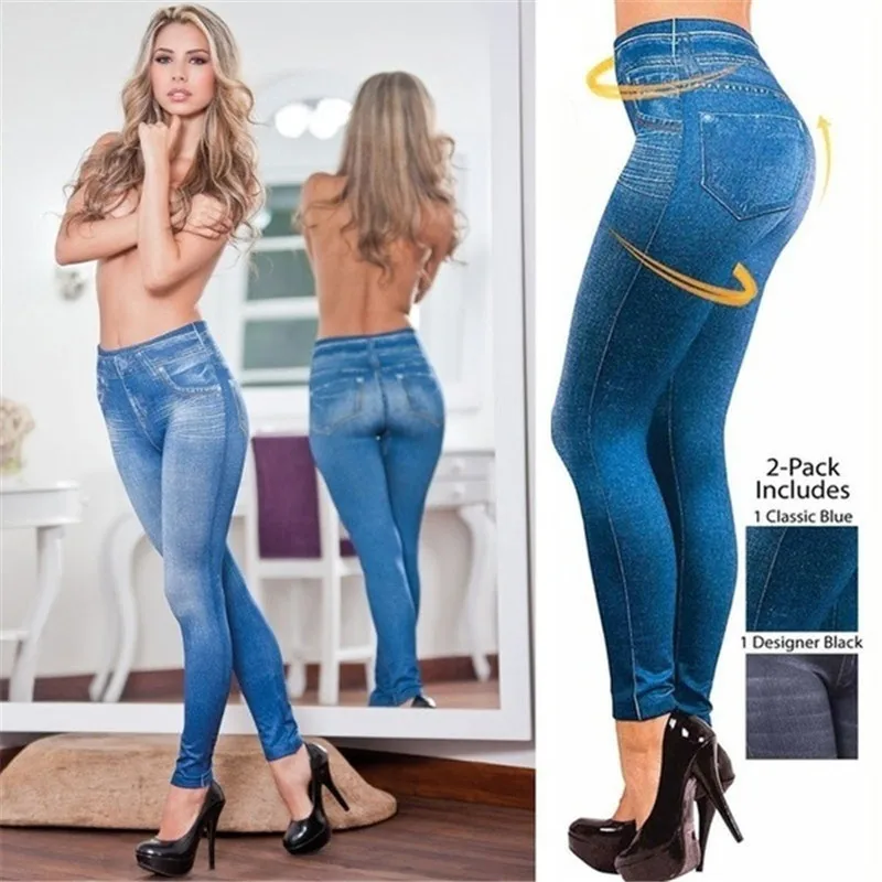European and American Style Elastic Slim Fitting Imitation Denim Printing Hip Lifting Slim Fitness Women's Yoga Leggings Jeans