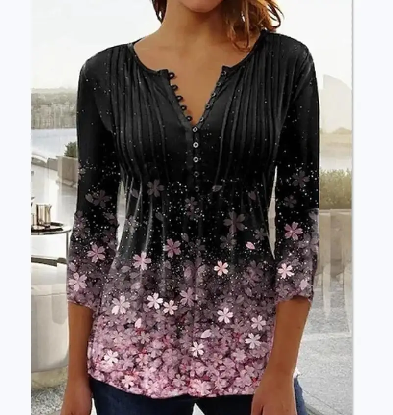 Женская блузка-рубашка на пуговицах с цветочным принтом
