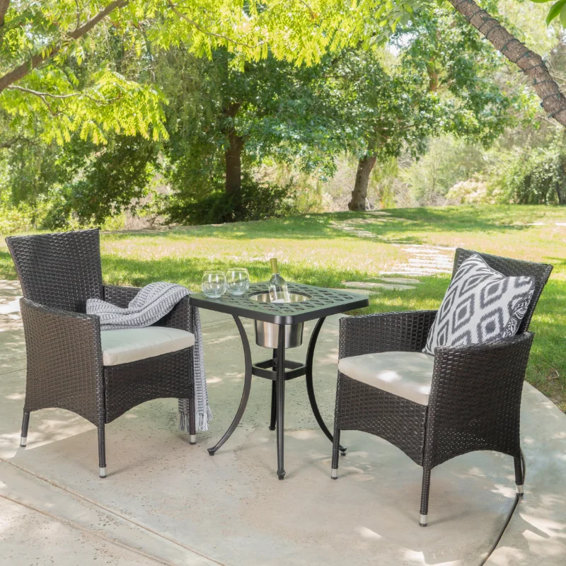 

Outdoor 3 Piece Aluminum and Wicker Bistro Set with Cushions,Beige,Multibrown