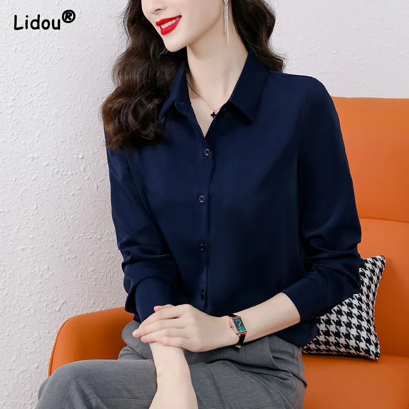 

Office Lady Formal Thin Chiffon Women Shirt Spring Autumn Polo-Neck Single Breasted Solid Korean Women's Clothing Skin Friendly
