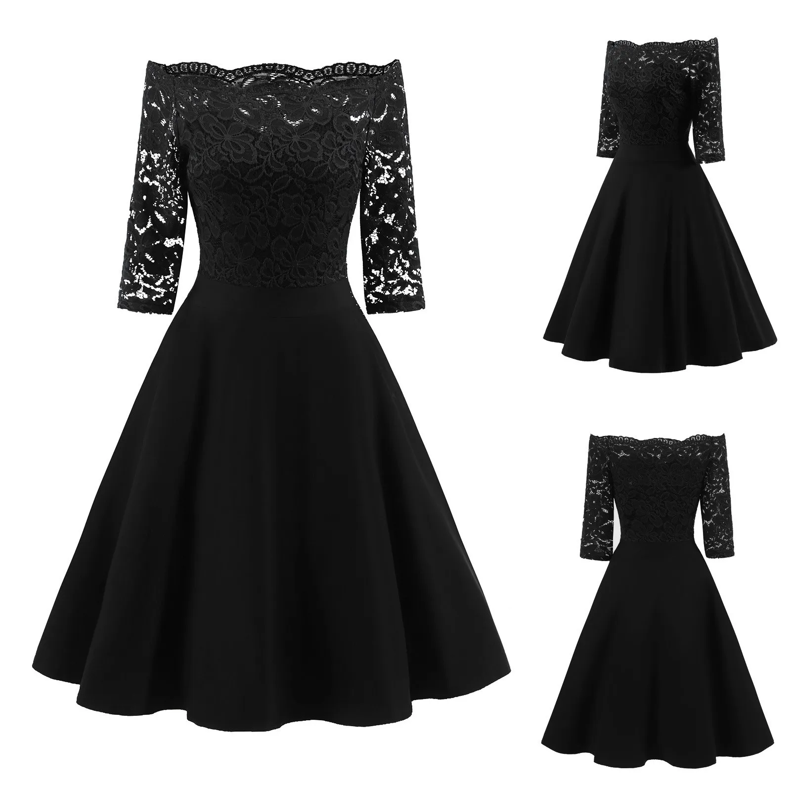 

Dresses for women 2022 Women's Elegant Dresses Lace Dress Half Sleeve Solid Dress Skirt Off Shoulder Wedding Party Knee-Length