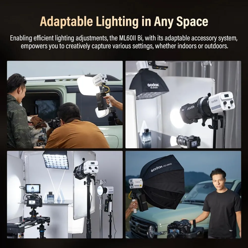 Фото Светодиодный видеосвет Godox ML60II Bi 70W Bi-Color 2800-6500K CRI96 TLCI97 с 11 эффектами и управлением через приложение для видеоблогов и студийной фотографии №4