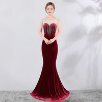 8288 high sparkle diamond chain velvet evening dress banquet long slim elegant fishtail skirt host