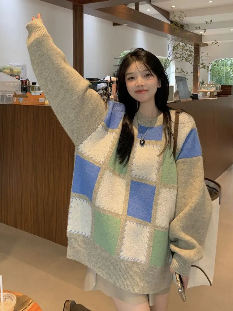 

New Women Contrast Plaid Long Sleeve Sweater Autumn And Winter Fashion Loose O-neck Pullover Streetwear Warm Loose-fitting Top