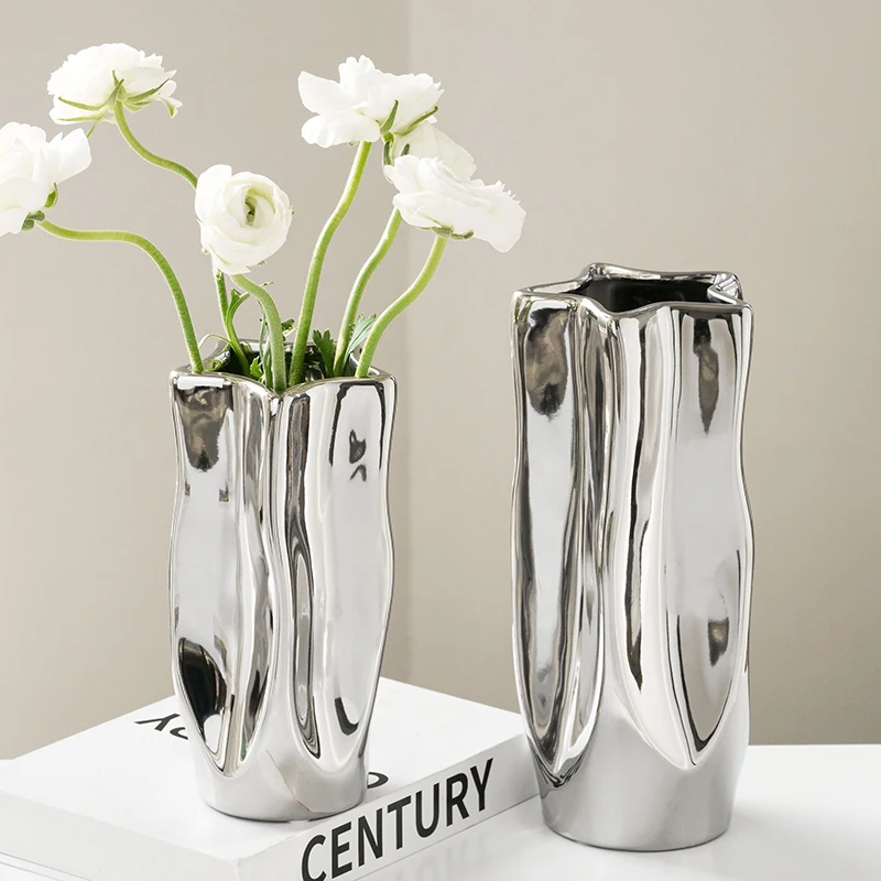 

Luxury Electroplated Silver Ceramic Vase Flower Arrangement Irregular Porcelain Hydroponic Vase Ornament Interior Art Decoration