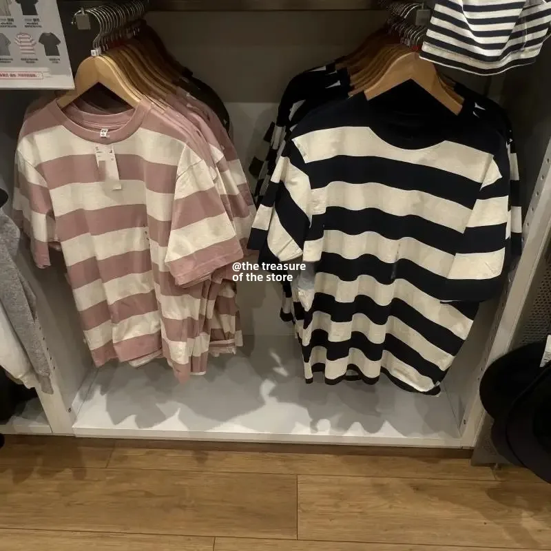 Новинка 2024 свободная полосатая футболка с круглым вырезом повседневная одежда в