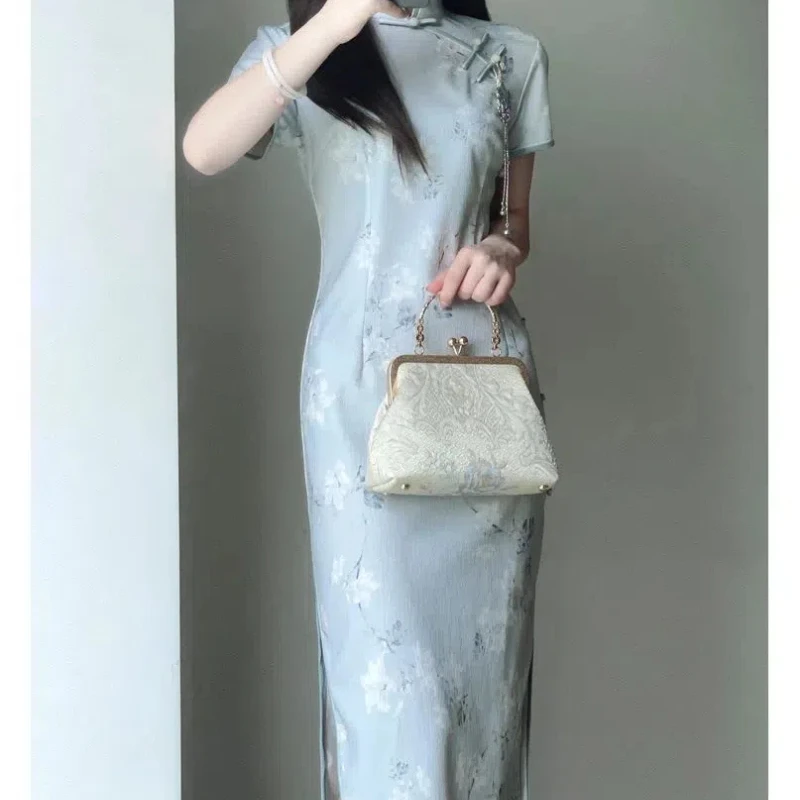 Женское платье-Ципао с коротким рукавом и воротником-стойкой в китайском стиле