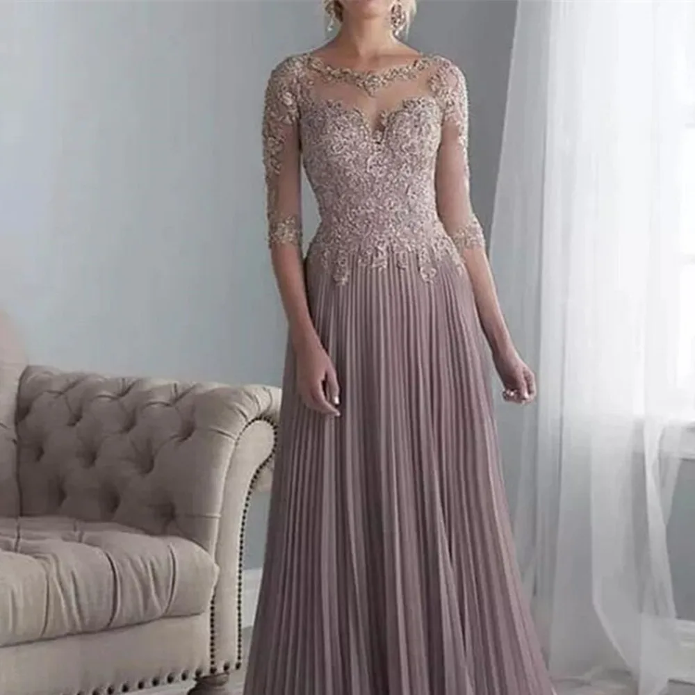 

2022 Modern Mother of the Bride Dresses Pleated Chiffon Plus Size Half Sleeves Groom Wedding Floor Length Abito Mamma Sposa