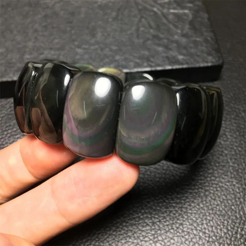 

Classic Natural Aaa Rainbow Eye Stone Black Obsidian Bracelets 24.5*16*10 Mm Hand Row Jewelry Amulet Bracelets Drop Shipping
