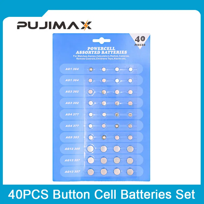 PUJIMAX AG1/364 AG3/392 AG4/377 AG5/393 AG12/386 AG13/357 40PCS/Set Button Battery For Watch Toys Remote Cell Coin Batteries