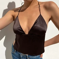 stain y2k summer halter top sexy backless tie up fashion 2021new hit trend deep v neck sleeveless crop cami party club