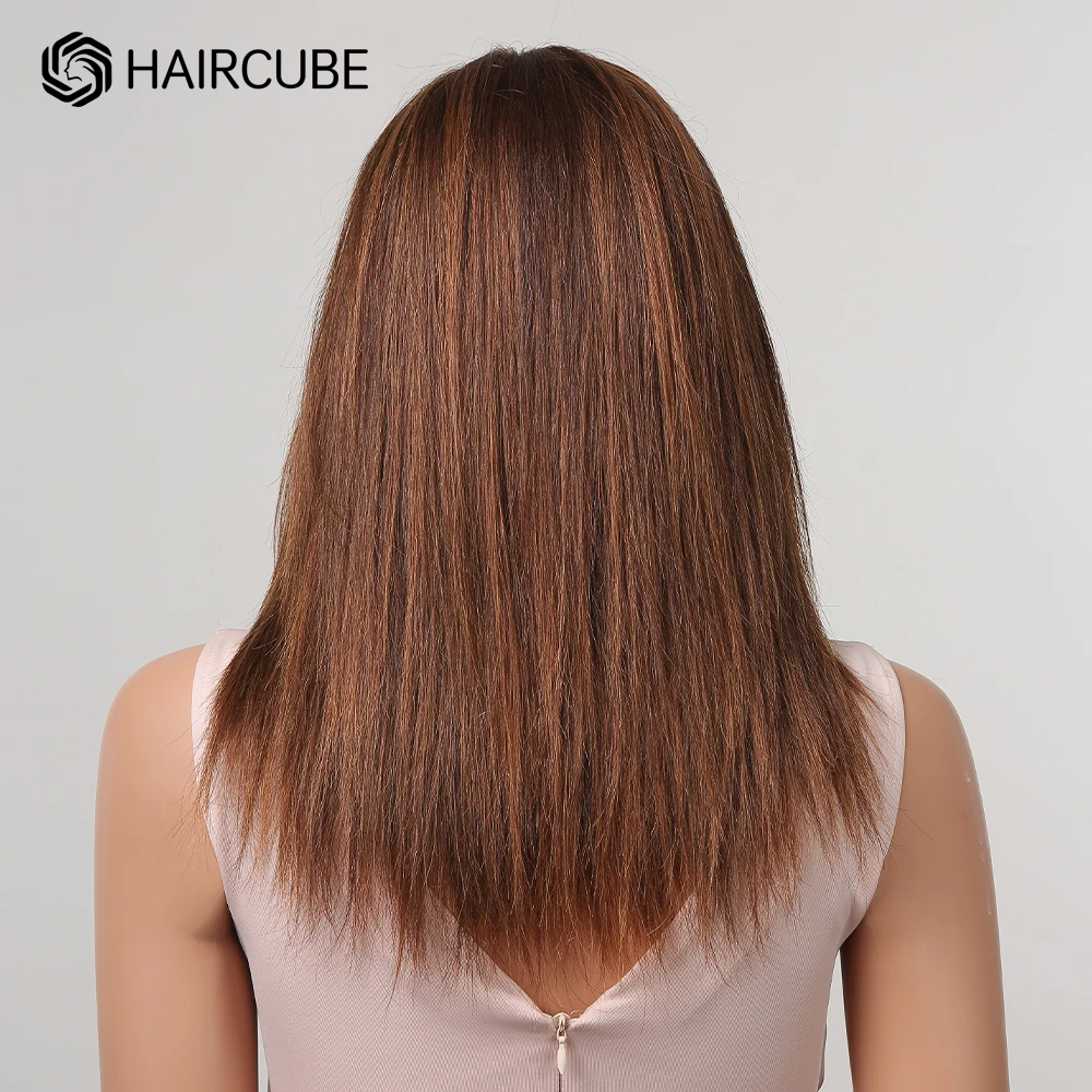 Mixed Ginger Brown Golden Highlight Human Hair Lace Front Wig Shoulder Length Middle Part Straight Bob Wigs for Women HAIRCUBE