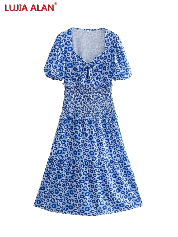 

Женское платье с бантом, леопардовое платье средней длины с квадратным вырезом и рукавами-фонариками, лето, LUJIA ALAN WD053