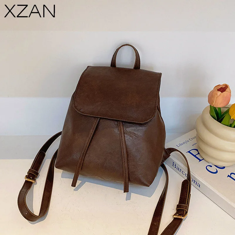 

Vintage Women's Small Backpack College Girls Student Schoolbag Portable Flap Ladies Handheld Shoulder Bag Pu Leather Handbags